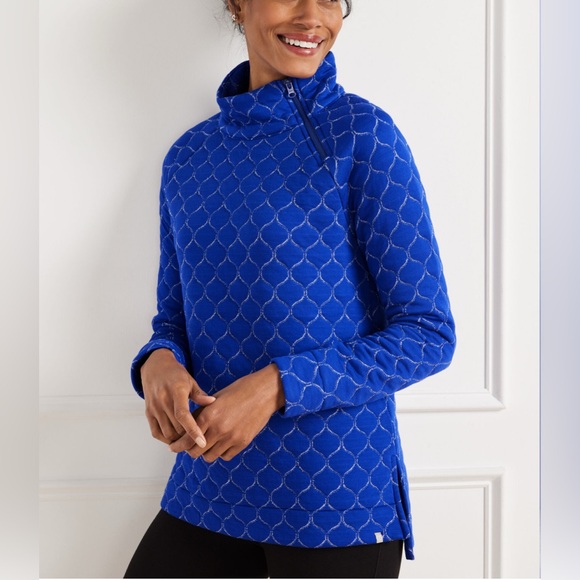 Talbots Tops - Talbots Metallic Asymmetrical Zip Quilted Pullover Blue Silver Size MP Petite